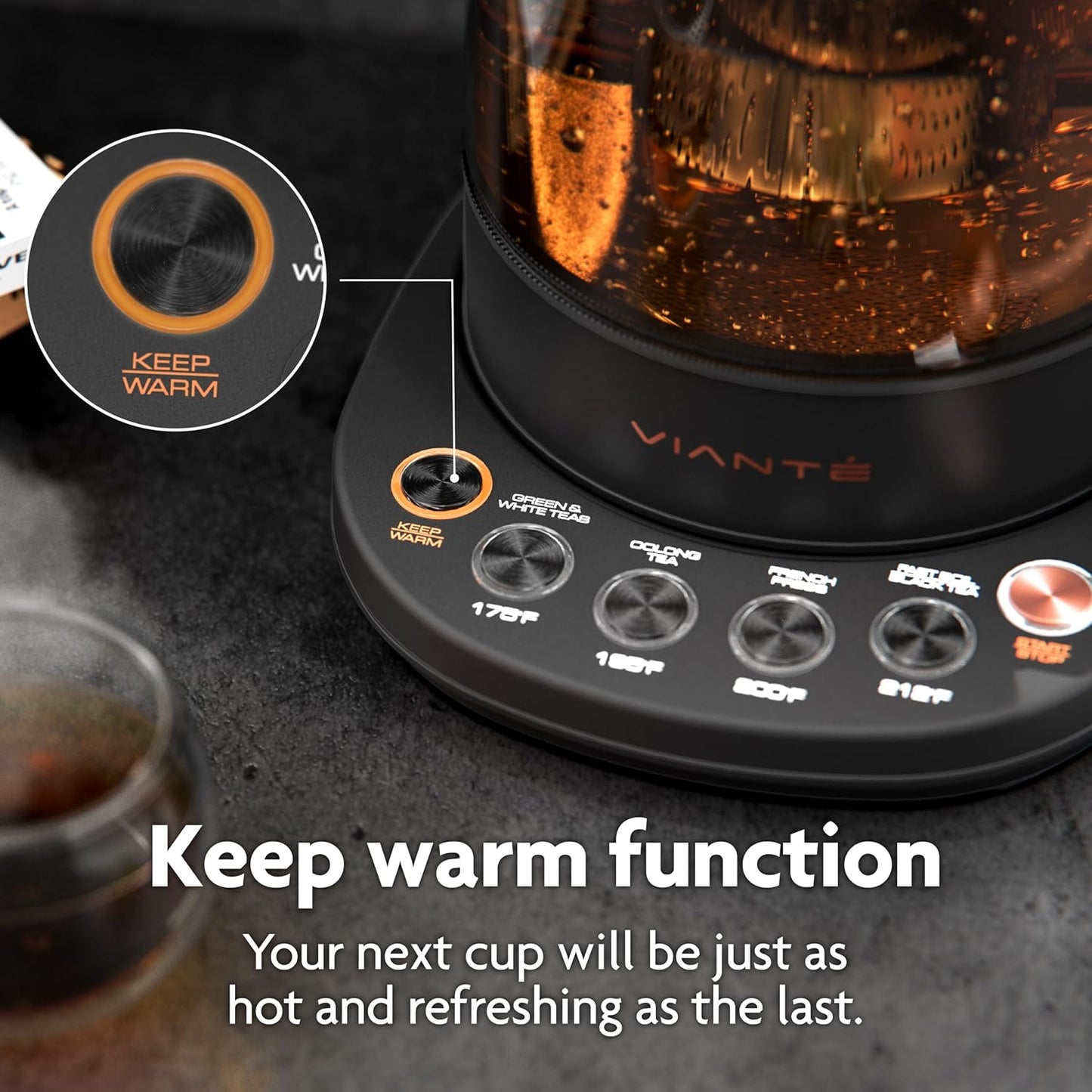 Viante Alba Electric Tea Kettle With Infuser, No Plastic, 1.5L, Black | Borosilicate glass &amp; 304 stainless steel construction. 4 temp presets, keep-warm, cordless, auto shut-off