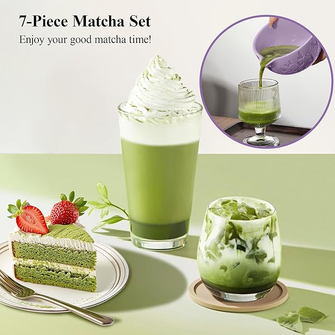 Matcha Whisk Ceramic Matcha Whisk Set Bamboo Whisk, Bowl With Spout, Powder Starter Sifter, Ceramic Whisk Holder, Tea Towel, Scoop and Scoop Rest for Matcha Tea Ceremony Purple