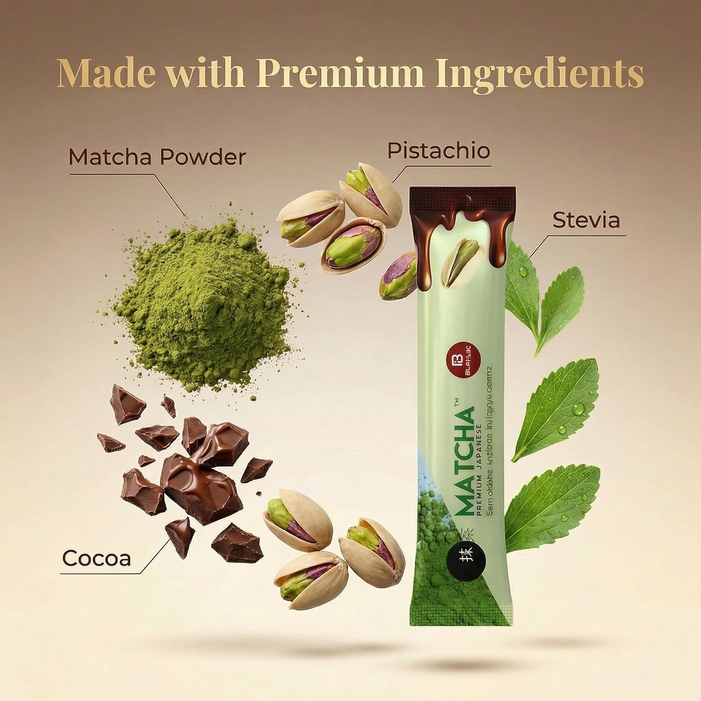 Premium Japanese Matcha Dubai Chocolate Powder - 10 Pack Matcha Green Tea with Cocoa & Pistachio - Rich, Smooth & Satisfying Taste Balanced Instant Drink Mix - 8g Single Serve Packs (Total 2.82 oz)