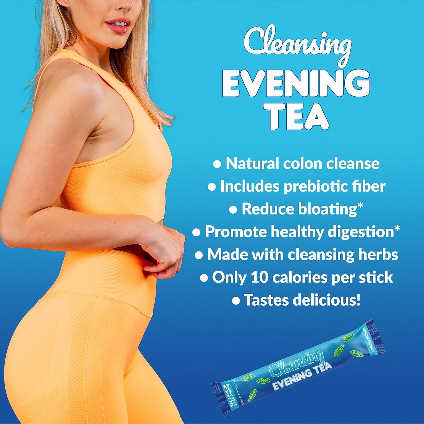 Skinny Teas Cleansing Evening Tea Sticks – Lemon Honey Detox Tea | Digestive Cleanse + Bloat Relief Support, Prebiotic Fiber, Caffeine-Free, 10 Calories, 14 Count