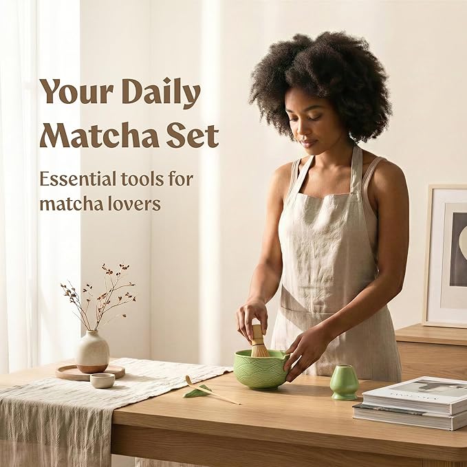 Matcha Kit Whisk Set (7 Pcs) - Complete Matcha Set, Matcha Bowl with Spout, Whisk with Holder, Bamboo Scoop with Rest and Sifter