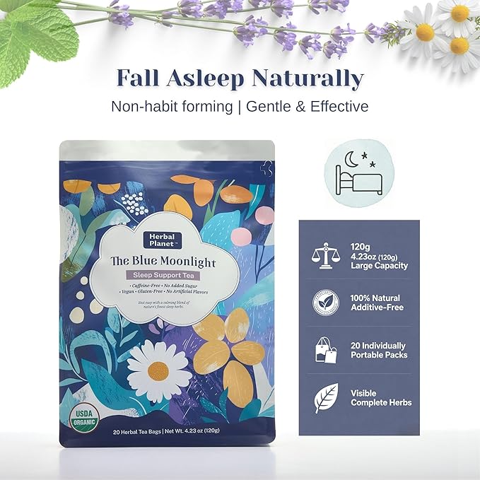 Herbal Planet Sleep Tea – Bedtime & Nighttime Relaxation Blend, Caffeine-Free | Calming Chamomile, Lavender & Mint | 20 Tea Bags (4.23oz / 120g)