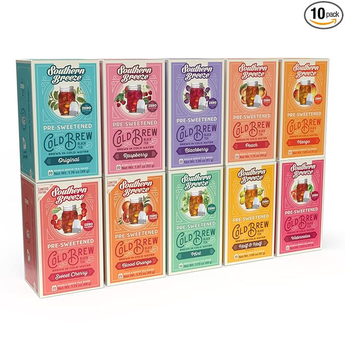 Southern Breeze Cold Brew Sweet Tea Variety Pack Iced Tea with Black Tea and Zero Carbs Zero Sugar, 