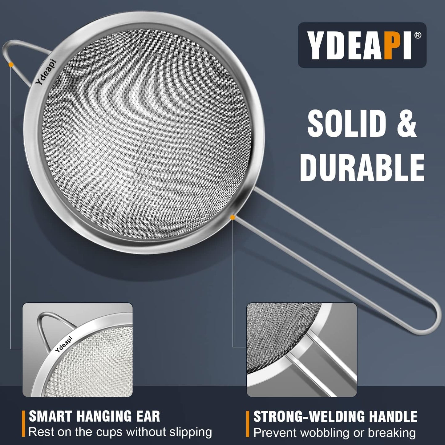 Ydeapi Fine Mesh Strainer, Stainless Steel Strainers with Sturdy Handle, Set of 3 Metal Sieve for Kitchen Food, Rice, Quinoa, Tea - 7", 4.6", 2.7"