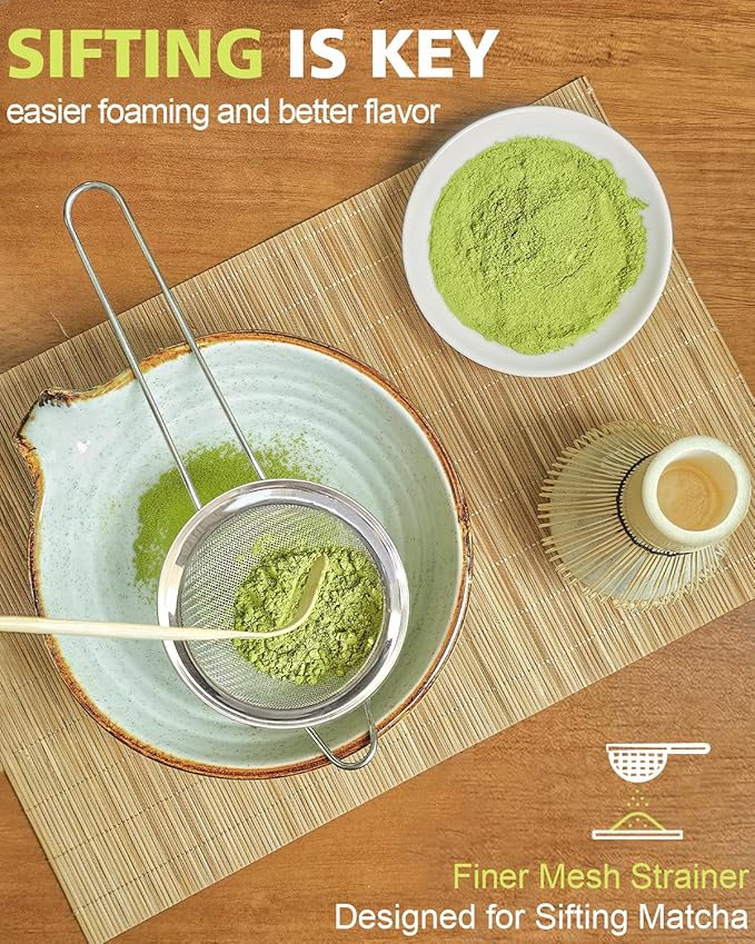 Matcha Whisk Set with Matcha Bowl, Matcha Whisk Holder Matcha Bamboo Whisks, Scoop, Sifter