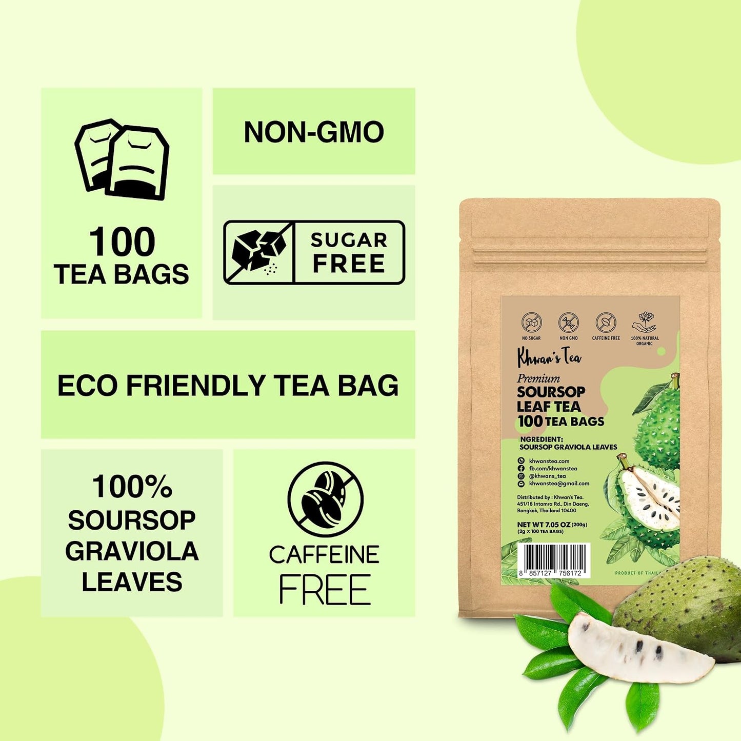 KHWAN'S TEA Soursop Tea Bags, Caffeine-Free Graviola Tea, 100 Count