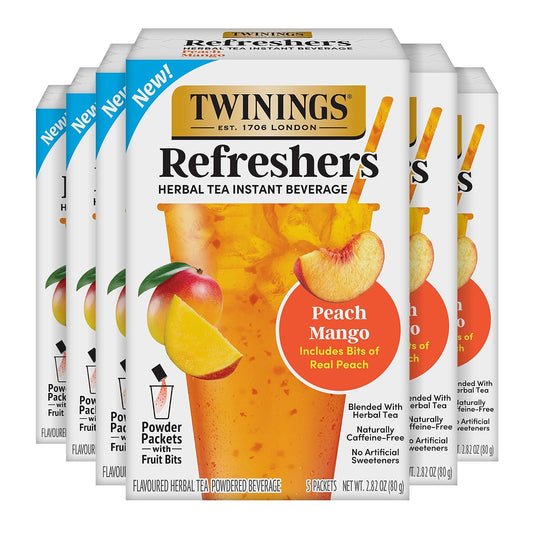 Twinings Peach Mango Refreshers, Herbal Tea Instant Beverage with Real Peach Fruit Bits, 5 Count (Pack of 6), Café Style, No Artificial Sweeteners, Naturally Caffeine-Free Refreshment, 30 Packets | Café Style, Instant Beverage with Real Peach Bits, No Art