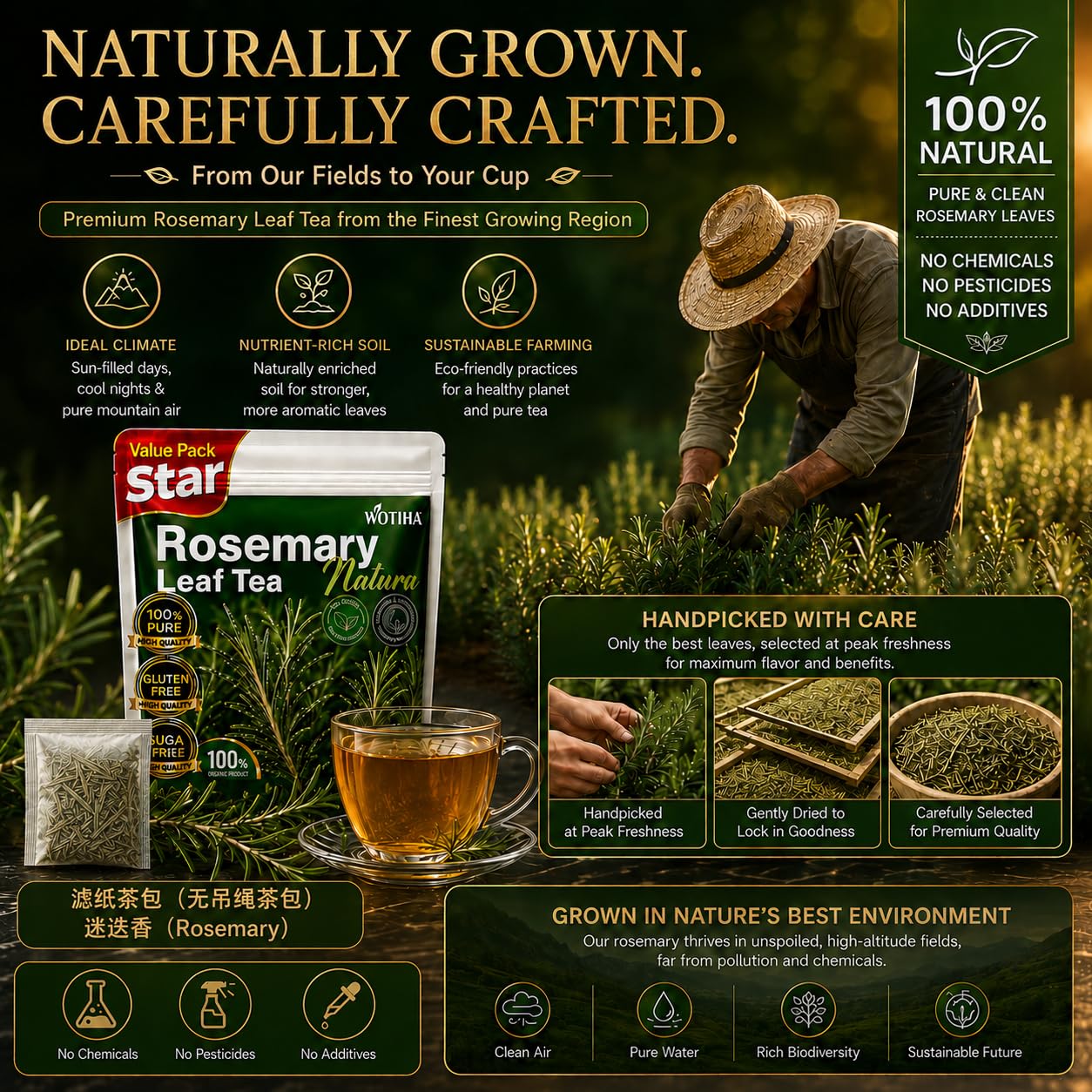 WOTIHA 60 Count Premium Rosemary Leaf Tea Bags - 100% Pure Natural Rosemary Leaves, Stimulating, Antioxidants &amp; Minerals, Caffeine-Free, No Additives.