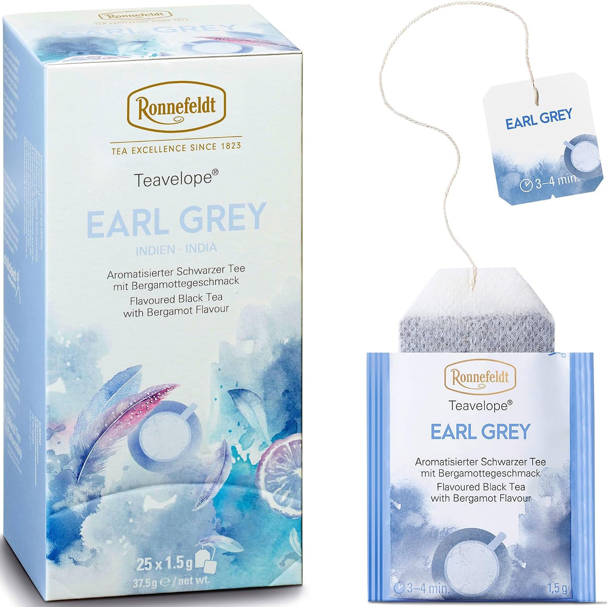 Ronnefeldt Teavelope Earl Grey - Flavoured Black Tea With Bergamot Flavour India Bags Tea Individually Wrapped, 25 Count - Strong, Smooth