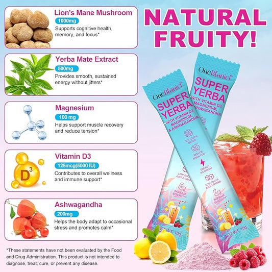 Super Yerba Mate Instant Powder Packets, Raspberry Lemonade Flavor|Energy & Focus Boost| Gut Support, Low Sugar Content