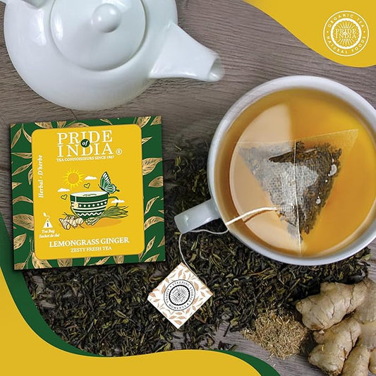 Pride of India | PACK of 6 - Lemongrass Ginger Zesty Fresh Tea | 15 Pyramid Full Leaf Individually Wrapped Tea Bags | 100% Herbal Blend from Single Origin | Tangy & Spicy Flavor | Caffeine-Free