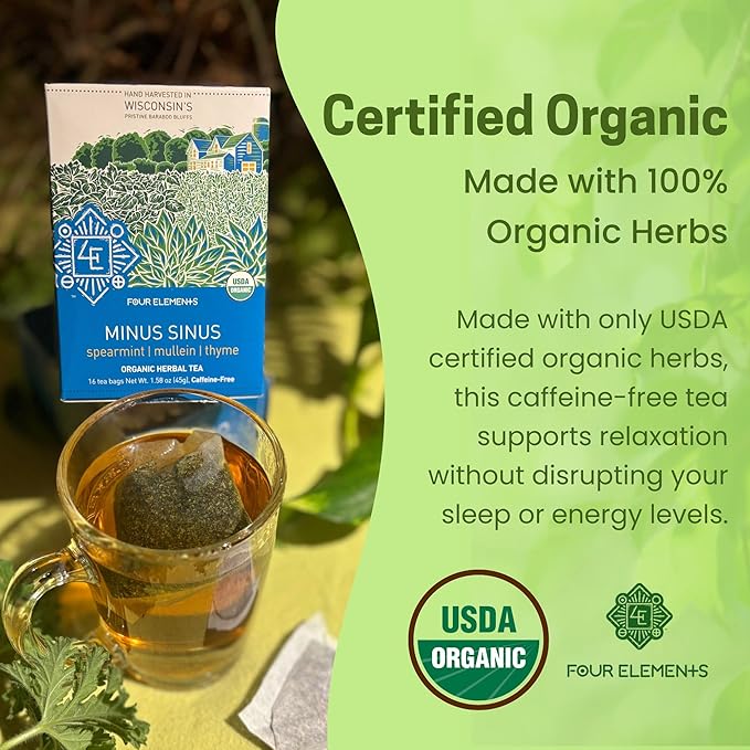 Four Elements Minus Sinus Tea [16 Teabags, 1.2 oz], Organic Spearmint Tea with Mullein & Thyme