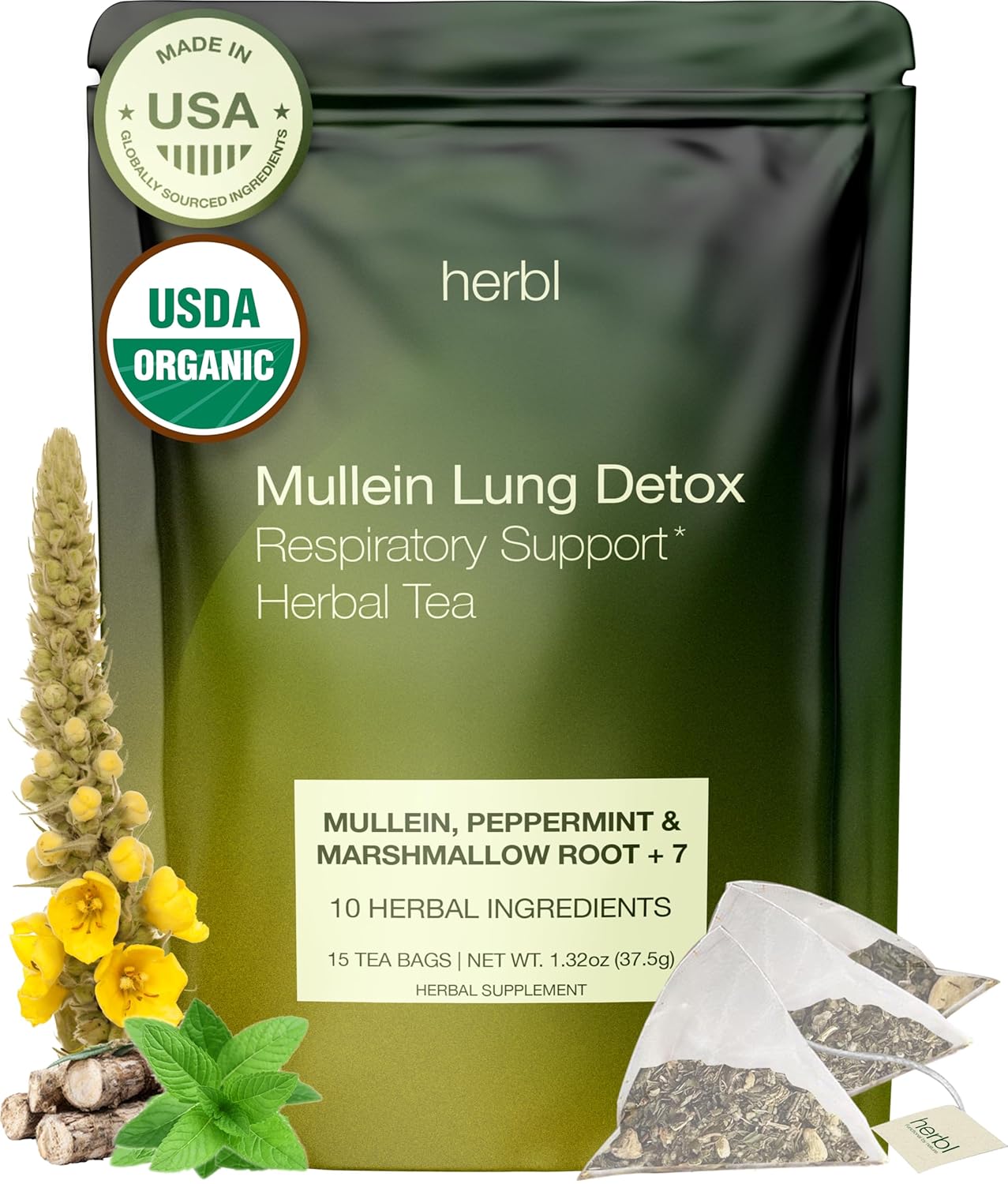 Organic Mullein Tea - Lung Detox Tea for Better Lungs - Respiratory Tea With Mullein, Marshmallow Root, Peppermint, Spearmint, Licorice Root, Thyme and Extra Herbal Ingredients - The Ultimate USDA Organic Lung Detox Tea