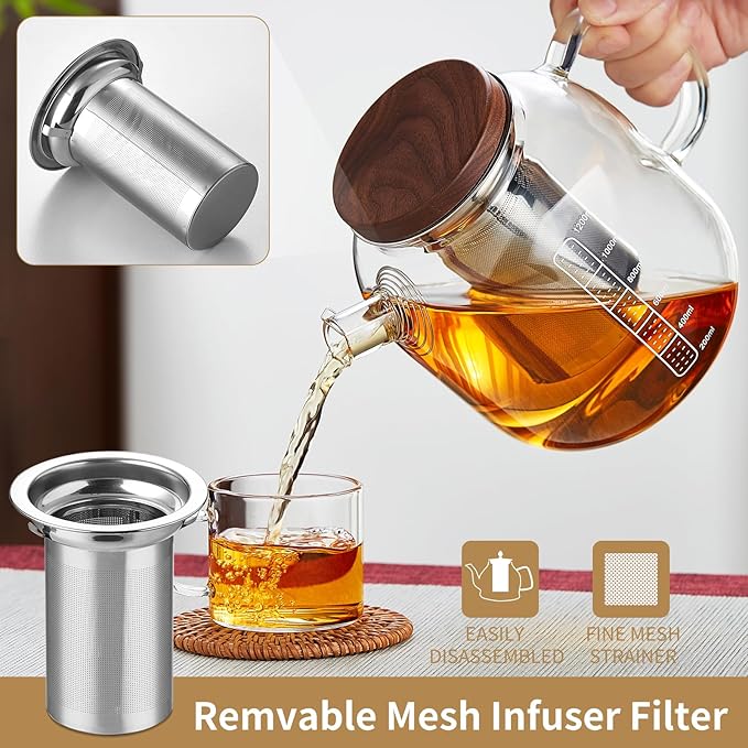 Glass Teapot With Stainless Steel Infuser 1200ml, Glass Tea Pot, Loose Leaf Tea Kettle, Glass Kettle Stovetop, Teapot With Strainer