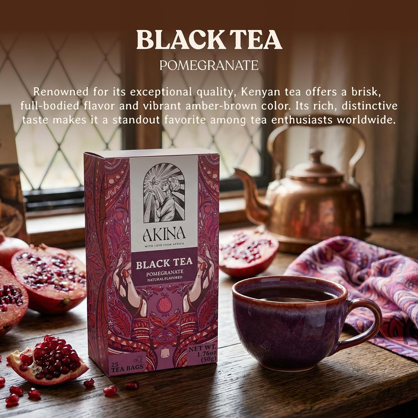 AKINA - Pomegranate Flavored Black Tea Bags, Individually Wrapped, Fruity String and Tag Kenyan Pomegranate Tea Bags, Sweet and Tangy with Refreshing Aroma (Box of 25) (50g)
