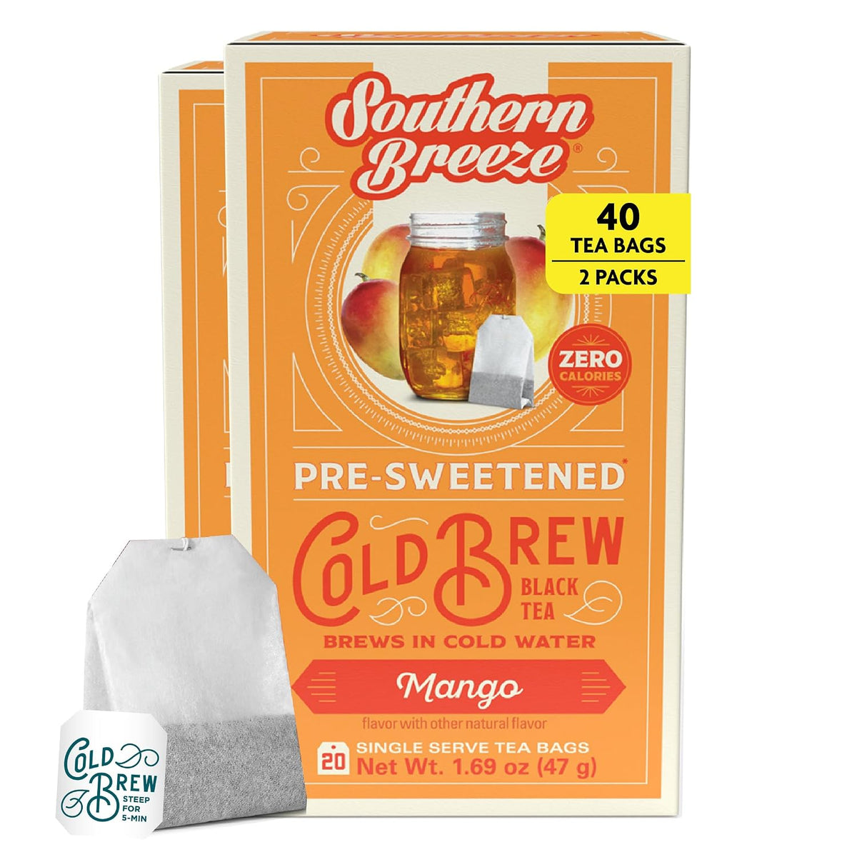 Southern Breeze Cold Brew Sweet Tea Mango Iced Tea 20 Tea Bags, 2 Pack