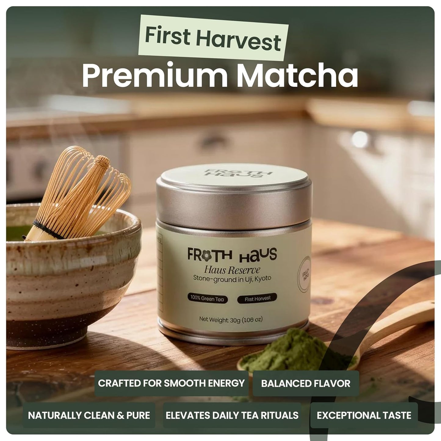 Froth Haus Premium Reserve Authentic Japanese First Harvest Ceremonial Grade Matcha Green Tea Powder, Pure Organc Grown in Uji, Kyoto