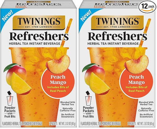 NEW Twinings Peach Mango Refreshers, Herbal Tea Instant Beverage with Real Peach Fruit Bits, 5 Count (Pack of 2), Café Style, No Artificial Sweeteners, Naturally Caffeine-Free Refreshment, 5 Packets