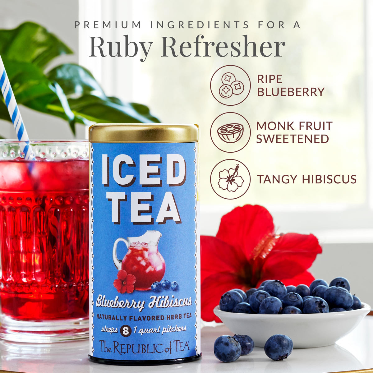 The Republic of Tea - Blueberry Hibiscus Iced Tea, 8 Tea Bags, Herbal Tea, Caffeine Free