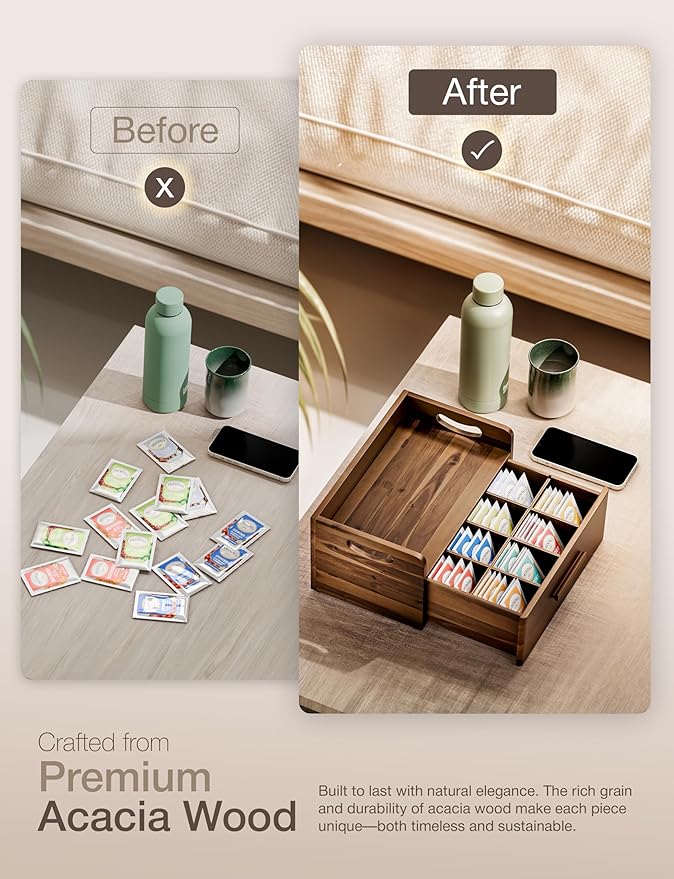 Tinamo Acacia Wooden Tea Box Organizer with Drawer – Tea Chest for Tea Bags Storage – Tea and Coffee Organizer - Wooden Tea Tray and Containers for Countertop Display (Walnut)