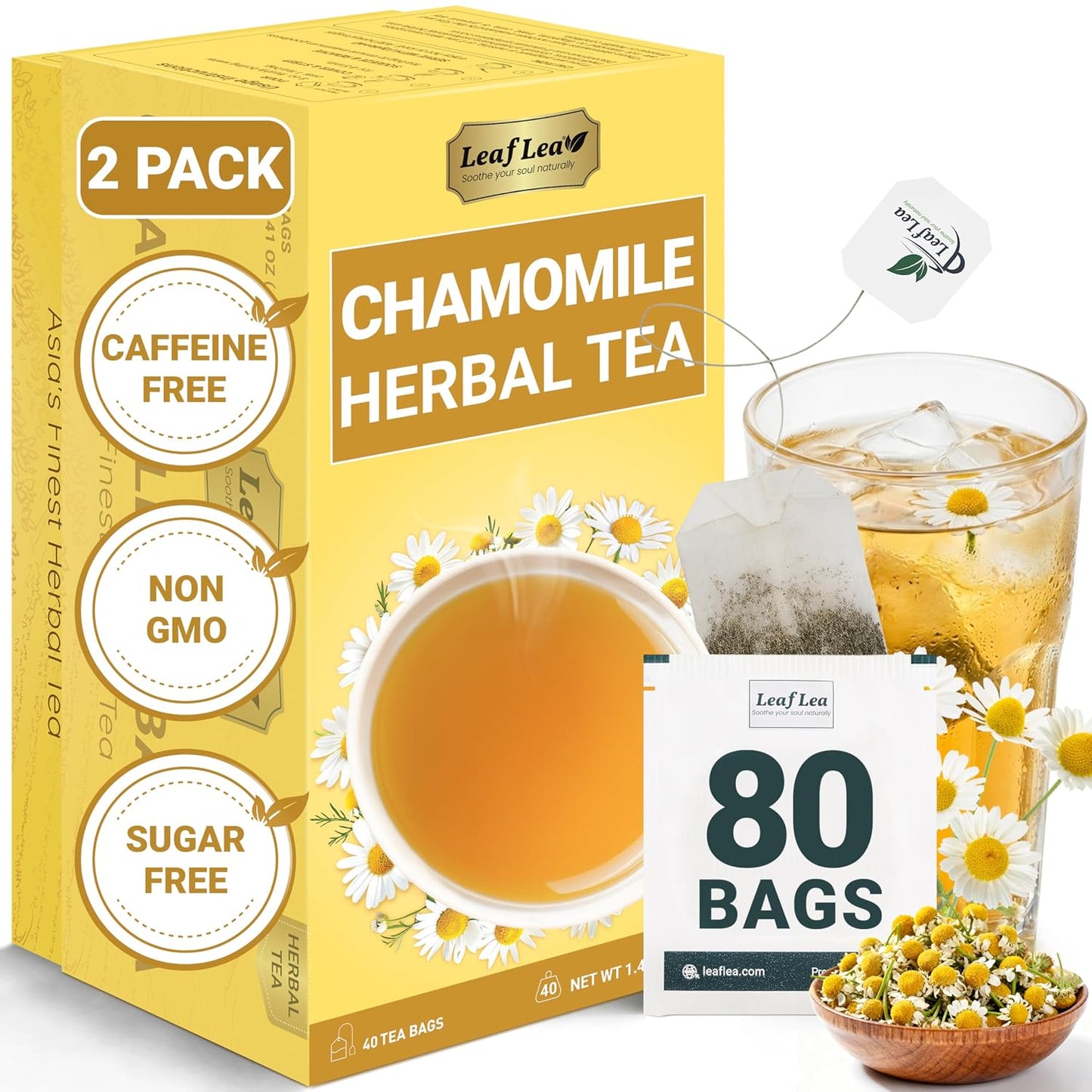 LeafLea Chamomile Herbal Tea Bags, Calm Evening Routine, 80 Count | From Chamomile Flowers, Smooth Floral Taste, Caffeine-Free, Naturally Sugar-Free, Non-GMO, Individually Wrapped