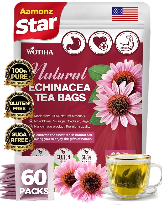 Natural Echinacea Tea 120g 100% natural ingredients Echinacea 60 Herbal teabags.Additive-Free • Caffeine-Free • Sugar-Free • Vegan.Aid Digestion & Boost Immunity