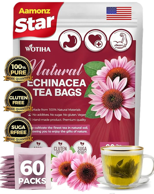 Natural Echinacea Tea 120g 100% natural ingredients Echinacea 60 Herbal teabags.Additive-Free • Caffeine-Free • Sugar-Free • Vegan.Aid Digestion & Boost Immunity