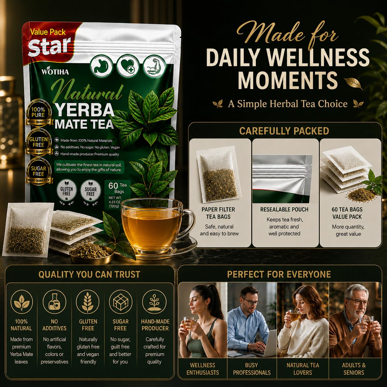 WOTIHA 60 Count Premium Unsmoked Yerba Mate Tea Bags - Sourced from Argentina, 100% Pure &amp; Natural Energy, Coffee Alternative, Additive-Free, Sugar-Free, Gluten-Free, Vegan, Non-GMO