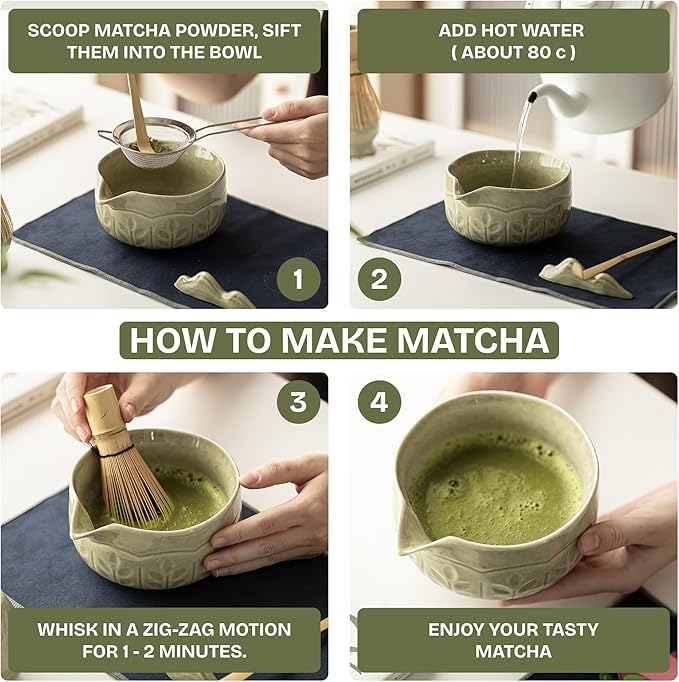 Matcha Whisk Set Black, 8 Pcs Matcha Set with Bowl (Chawan)/Whisk/Holder & Accessories, Matcha Kit for Ceremony, Traditional Tea Set for Making Latte