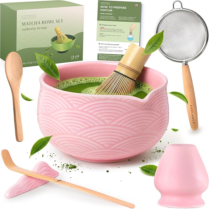 Matcha Kit Whisk Set (7 Pcs) - Complete Matcha Set, Matcha Bowl with Spout, Whisk with Holder, Bambo