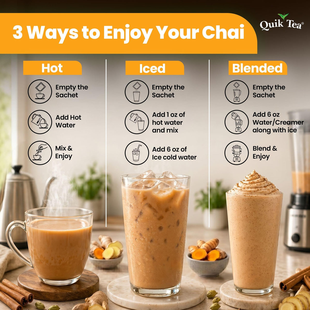 Quik Tea QuikTea Instant Chai Tea Latte Mix, Turmeric Ginger, 10 Sachets