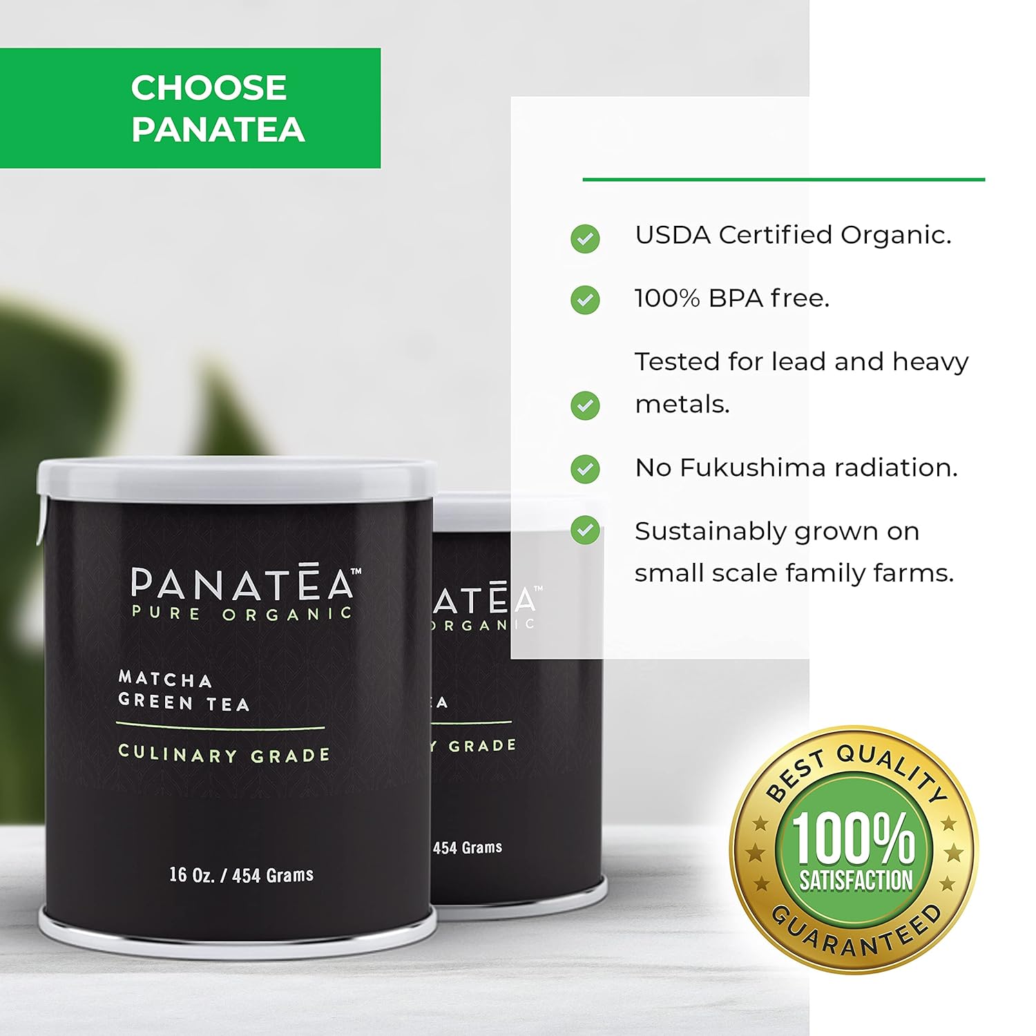 PANATEA Certified Organic Matcha Green Tea Powder | 1 LB 100% Pure Premium Culinary Grade Matcha | Lattes, Smoothies, Baking |16 Oz Tin