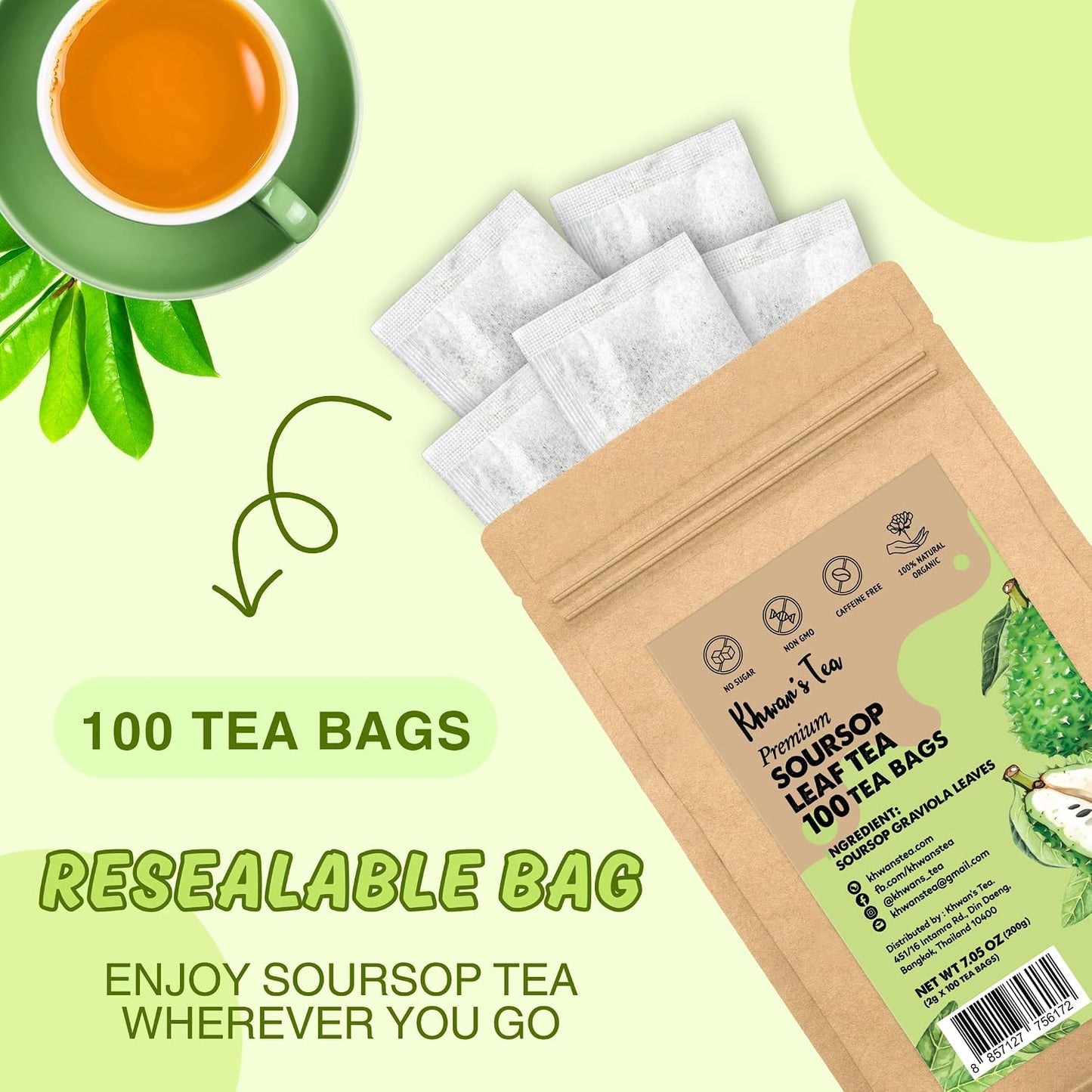 KHWAN'S TEA Soursop Tea Bags, Caffeine-Free Graviola Tea, 100 Count