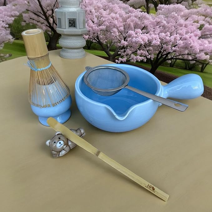 HAPPY PATH & CO Matcha Whisk Set – 6 Pcs Matcha Tea Set Includes Bamboo Whisk(Chasen) & Holder,Bowl with Spout,Sifter,Scoop & Stand | Matcha Making Kit - Perfect for Matcha Lovers(Sky Bear)