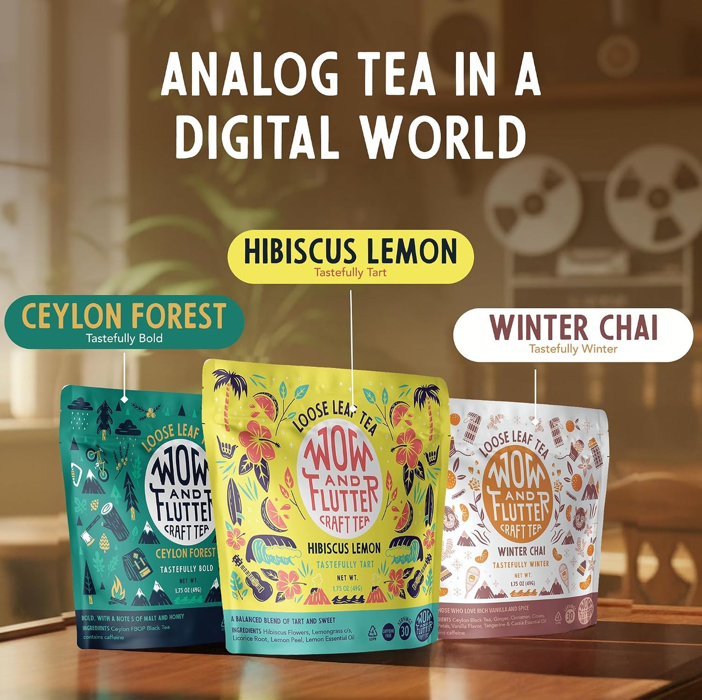 Wow and Flutter Winter Chai Loose Leaf Black Tea, Ginger &amp; Cinnamon 1.75 oz | Caffeinated spiced blend cloves, vanilla, rose, bright citrus finish for cozy at-home lattes, Small-batch dependable flavor