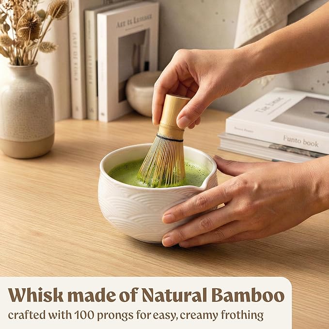 Matcha Kit Whisk Set (7 Pcs) - Complete Matcha Set, Matcha Bowl with with Bowl, Whisk and Holder, Bamboo Spoon/Scoop, Scoop Rester and Sifter incl