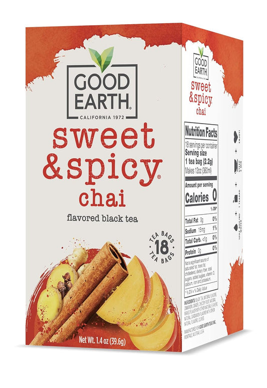 Good Earth Tea, Sweet &amp; Spicy Chai Black Tea, 18 Count, Pack of 6, Hot or Iced, Iconic Sweet &amp; Spicy with Bold Chai Spices
