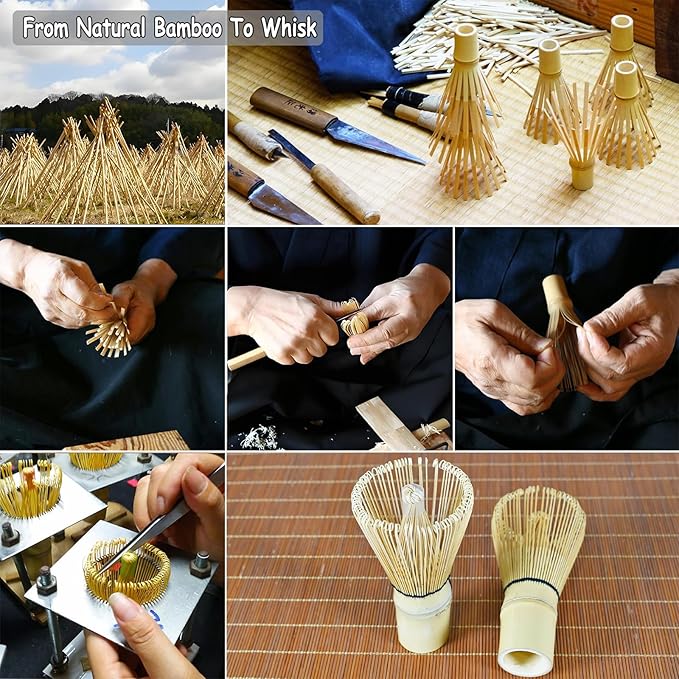 Matcha Whisk Set, Matcha Set, 6 Pieces, with Bamboo Whisk, Ceramic Bowl & Sifter Complete Matcha Powder Tea Includes Scoop & Spout Bowl