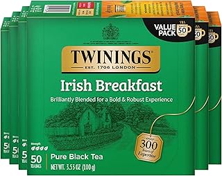 Twinings Irish Breakfast Black Tea Individually Wrapped Bags, 50 Count (Pack of 6), Flavourful, Bold, Robust, Caffeinated, Enjoy Hot or Iced, 300 Teabags