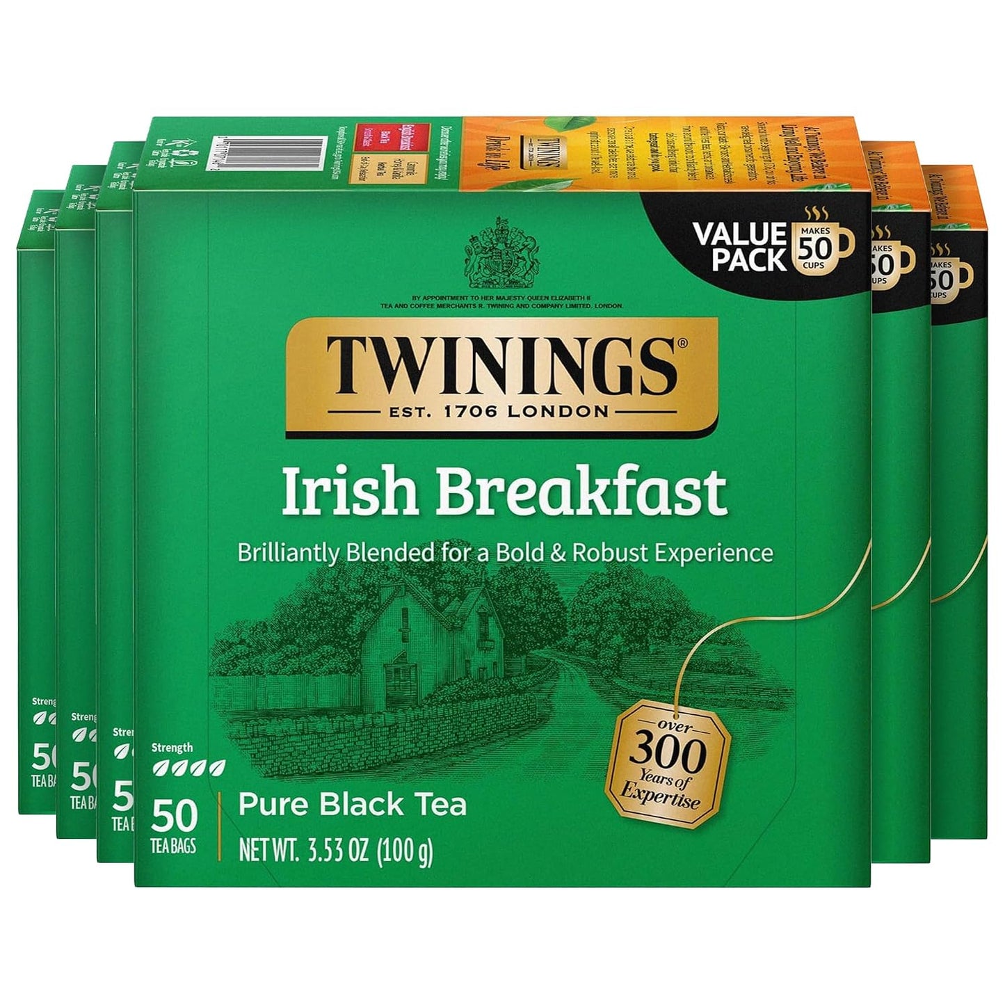 Twinings Irish Breakfast Black Tea Individually Wrapped Bags, 50 Count (Pack of 6), Flavourful, Bold, Robust, Caffeinated, Enjoy Hot or Iced