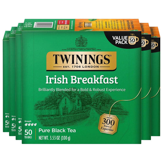 Twinings Irish Breakfast Black Tea Individually Wrapped Bags, 50 Count (Pack of 6), Flavourful, Bold, Robust, Caffeinated, Enjoy Hot or Iced