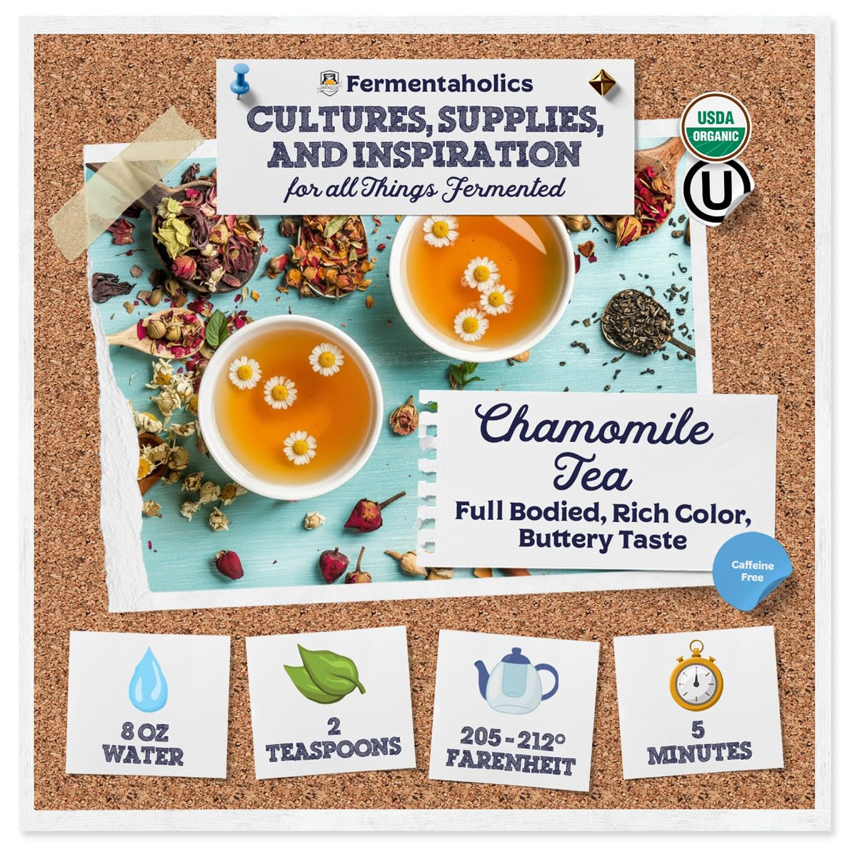 Fermentaholics Chamomile Flowers, Loose Leaf – 2 oz – USDA Certified Organic Loose Leaf – Sweet, Subtle Flavor for Kombucha Brewing & Herbal Tea