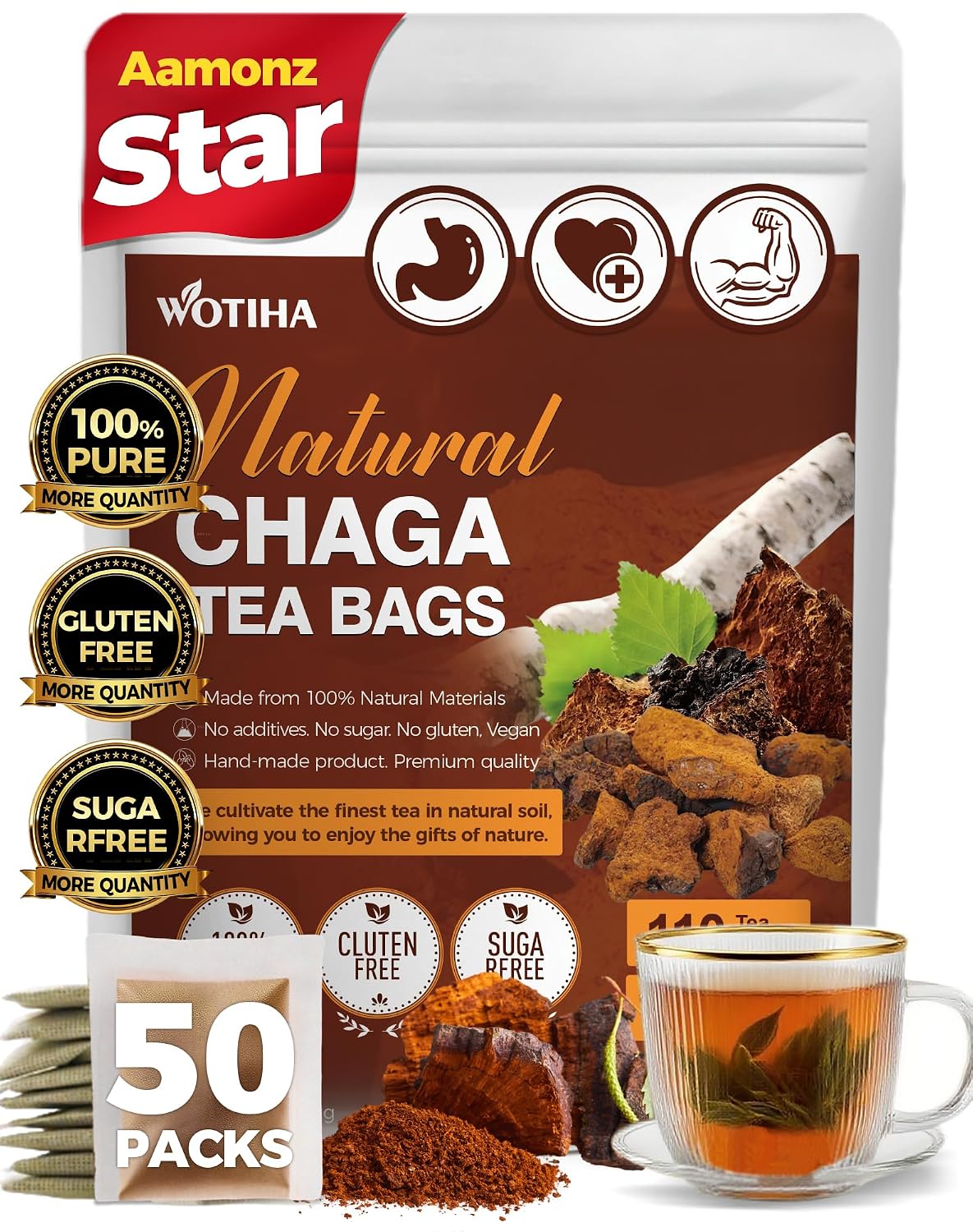 WOTIHA 50 Count Premium Chaga Tea Bags - 100% Pure Siberian Wild Harvest Chaga Mushroom, Supports Antioxidant &amp; Immune Health, Caffeine-Free, Additive-Free, Sugar-Free, Vegan