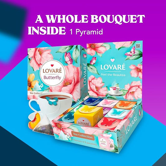 LOVARE Assorted Tea Pyramid Bags 45 Pack - Made in Ukraine - 9 Tastes of Tea Sampler Pyramids - Assortment with Black and Green Tea, Fruits, Flowers, Berries - Flavored Gift Box