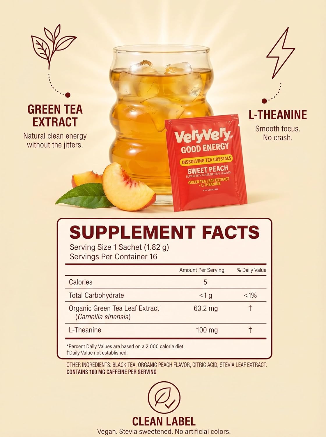 VeryVery Good Tea, Peach Energy With Green Tea Caffeine and L Theanine, Dissolving Crystals for Hot or Cold Drinks, Sugar Free Functional Powder Drink Mix, Vegan, Gluten Free, Non GMO, 16 count