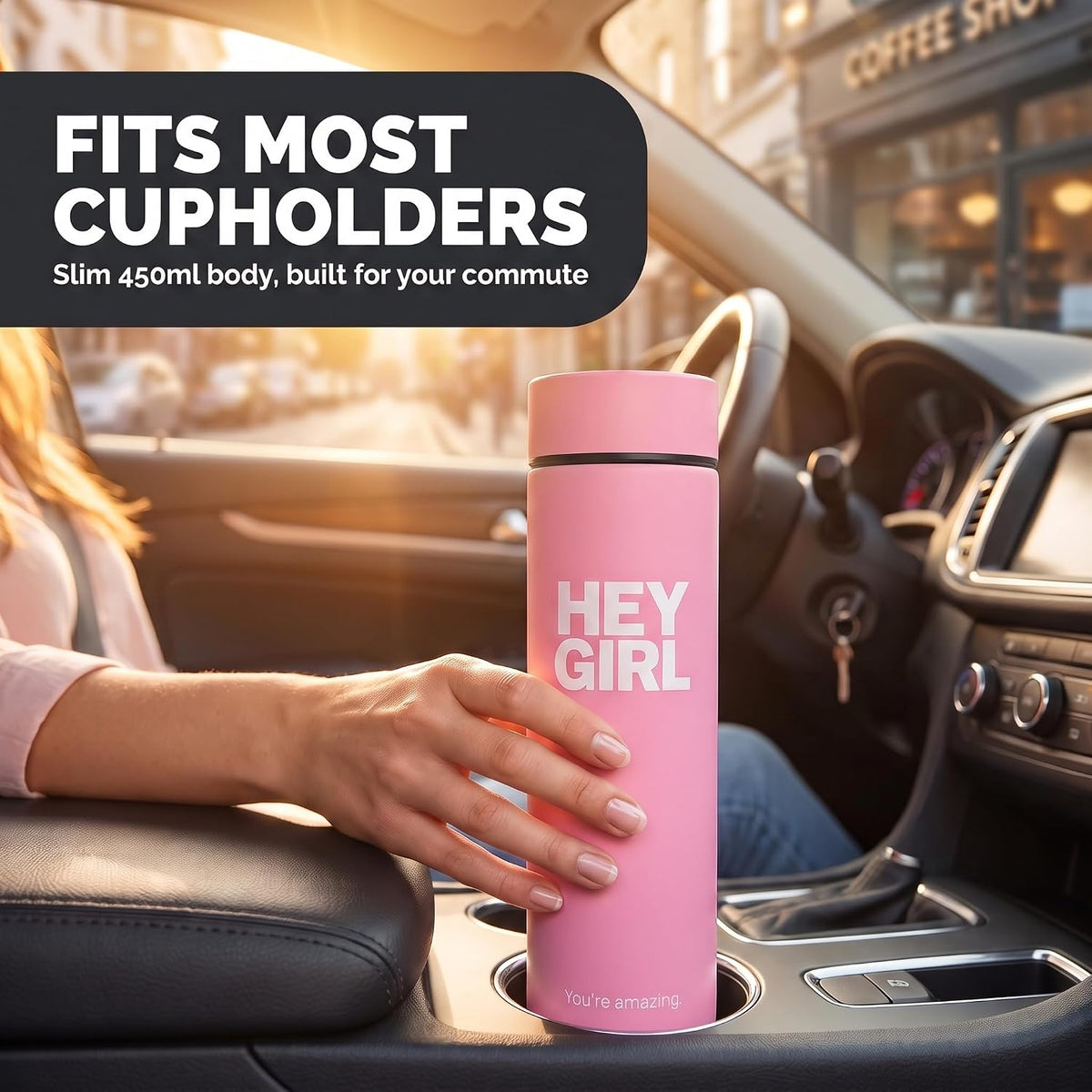Hey Girl Tea Infuser Bottle 450ml - Insulated Stainless Steel Water Bottle - Tea Tumbler with Tea Diffuser - Portable Travel Mug for Loose Leaf Tea &amp; Infused Water - Tea Lovers Gifts for Women (Pink)