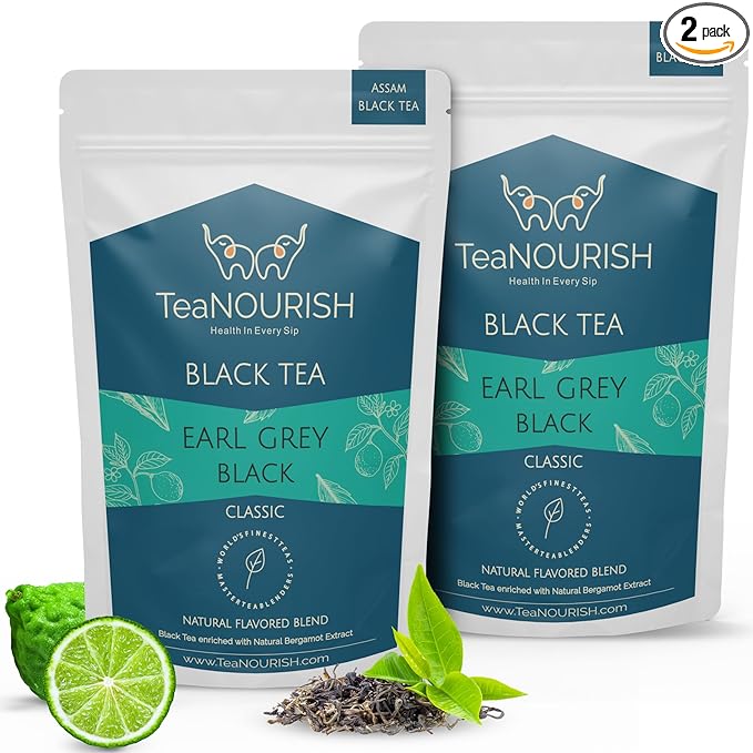 TeaNOURISH Earl Grey Black Tea | Assam Loose Leaf Black Tea Enriched with Natural Bergamot Extract | Full Bodied with Citrusy Notes | 100% NATURAL INGREDIENTS - 3.53oz/100g (Pack of 2)