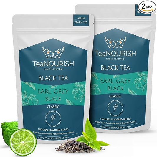 TeaNOURISH Earl Grey Black Tea | Assam Loose Leaf Black Tea Enriched with Natural Bergamot Extract | Full Bodied with Citrusy Notes | 100% NATURAL INGREDIENTS - 3.53oz/100g (Pack of 2)