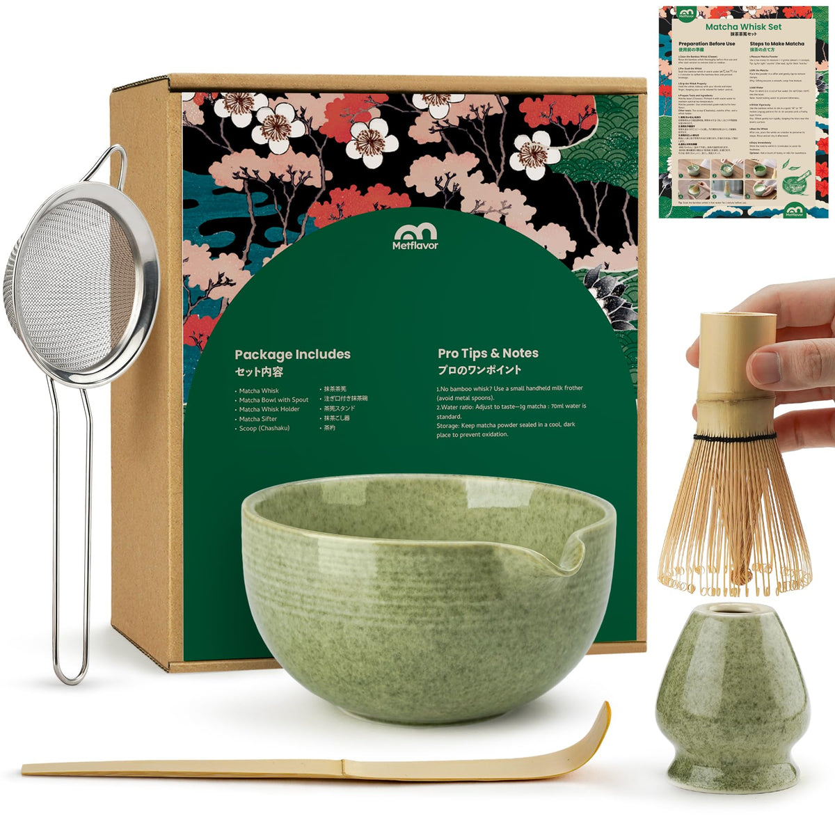 Metflavor Matcha Whisk Set, Ceramic Bowl Matcha Kit & Handcrafted Bamboo Chasen