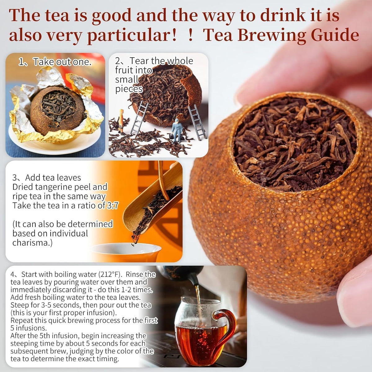 CHADUO Tangerine Peel Puerh Tea Xinhui Dahonggan Orange Peel Puer Xinhui Chenpi Pu'er Da Hong Gan Mandarin Orange Peel Puerh 7.05oz/200g Ripe Pu-erh Rich Citrus Aroma And Aged Pu'er Fragrance 大红柑 普洱茶